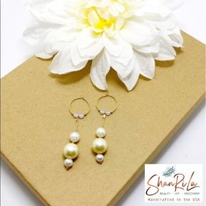 NWT ShanRiLa Pearl & Gold Chain Drop Hoops